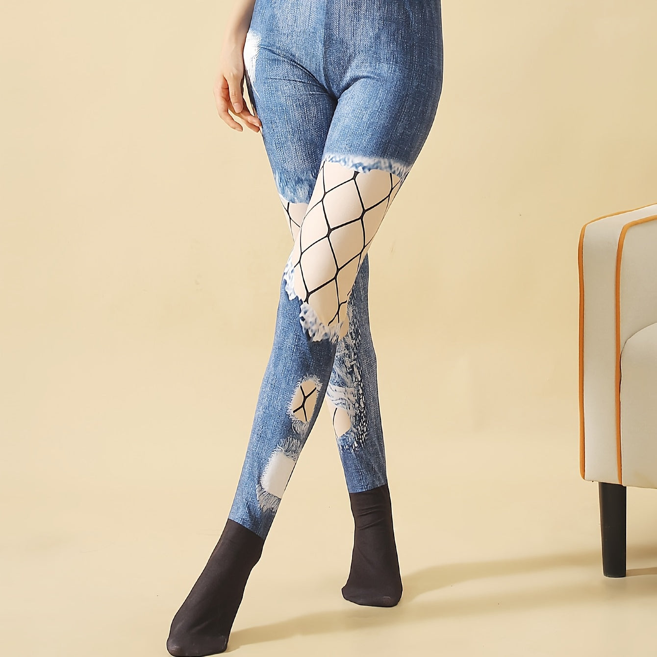 Denim Print High Waist Slim Pantyhose Women's Stockings