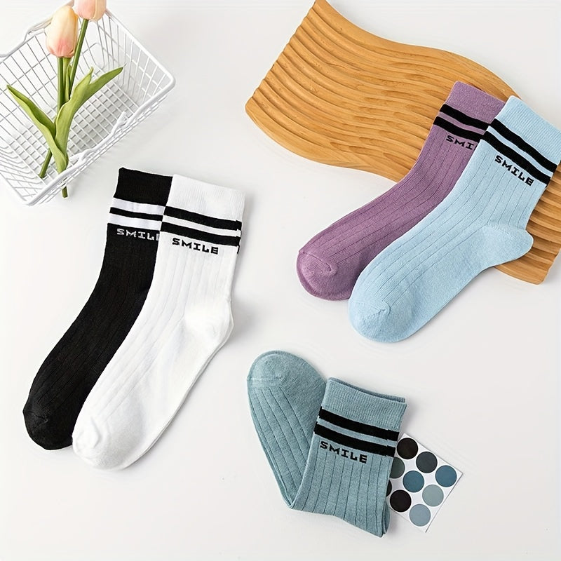 5 Pairs Letter Print Striped Socks Women's Stockings