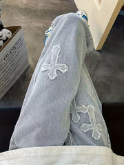 Vintage Cross Pattern Men's Distressed Jeans