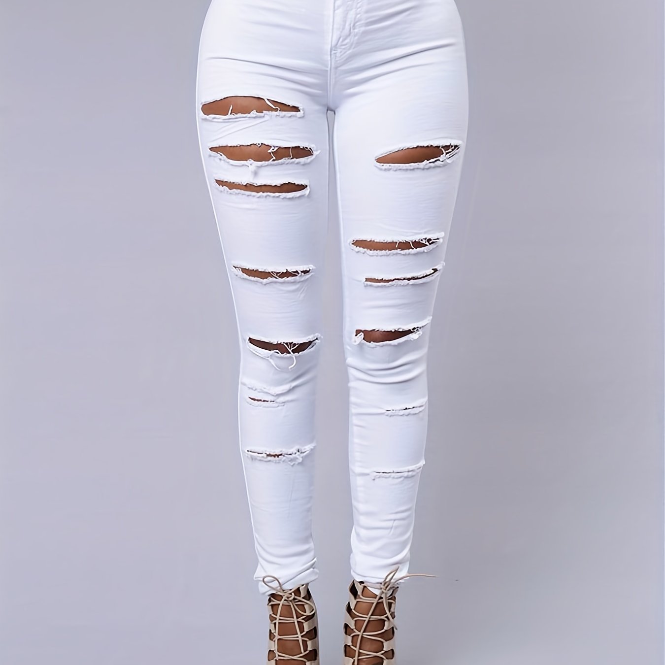 Ripped Holes Straight Jeans Distressed Denim Pants Women's Denim Clothing