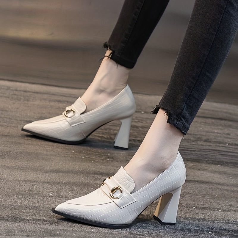 Women's Croc Print Court Pumps Buckle Decor Slip On Chunky Heels