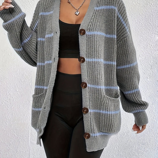  Stripe Print Button Up Long Sleeve Open Front Cardigan