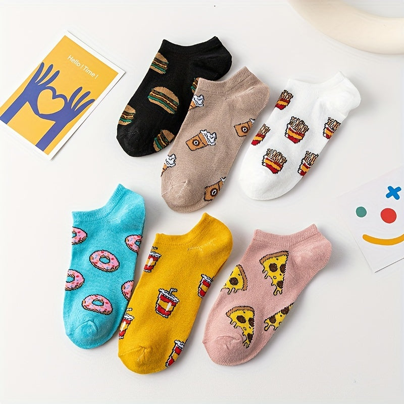 6 Pairs Cartoon Food Print Socks & Funny Low Cut Ankle Socks Women's Stockings