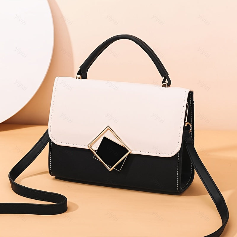 Two Tone Buckle Decor Flap Square Purse Shoulder Bag