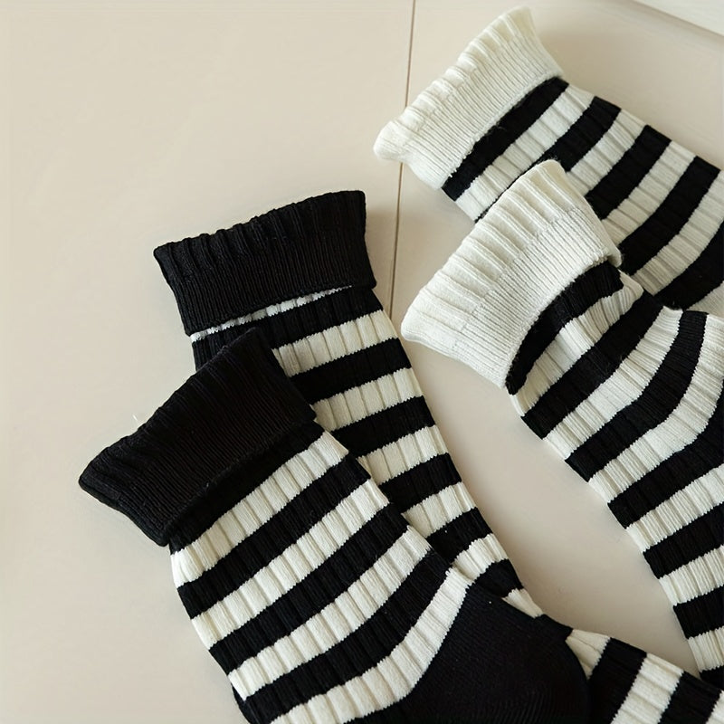 5 Pairs Striped Crew Socks Women's Stockings & Hosiery
