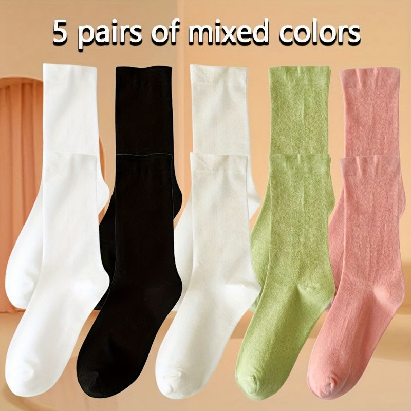 Women's Solid Mid Tube Socks, 5 Pairs