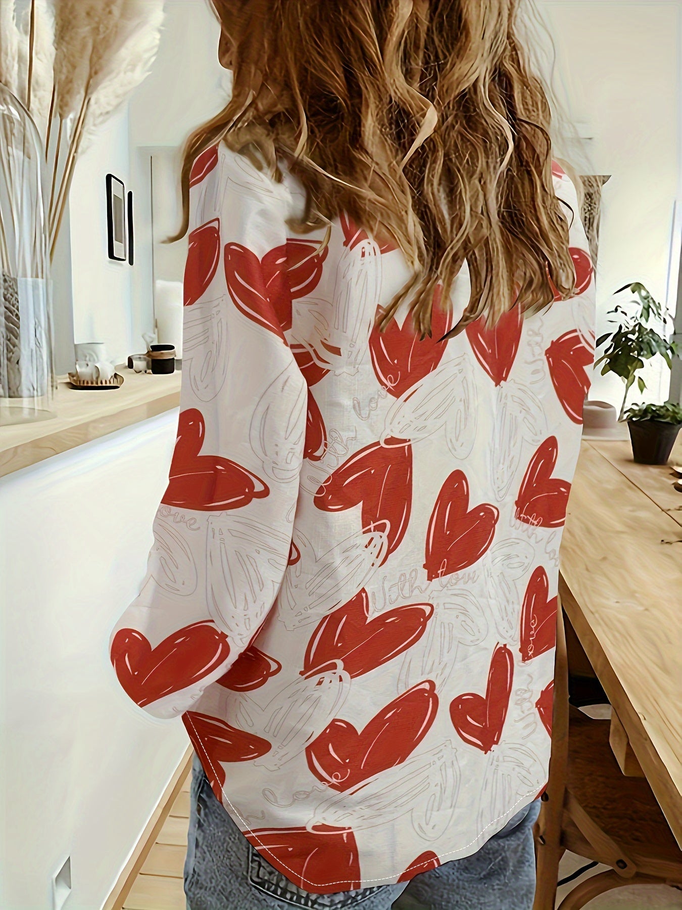 Heart Print Long Sleeve Plus Blouse