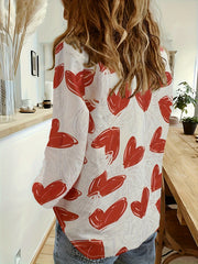 Heart Print Long Sleeve Plus Blouse