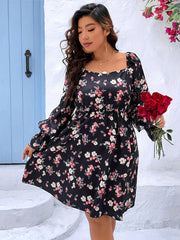  Floral Print Ruffle Trim Midi Dress