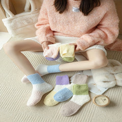 6 Pairs Colorblock Pattern Plush Socks Soft Mid Tube Women's Stockings