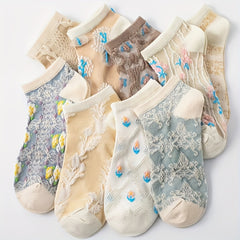 9 Pairs Floral Print Socks Retro Court Style Low Cut Ankle Socks