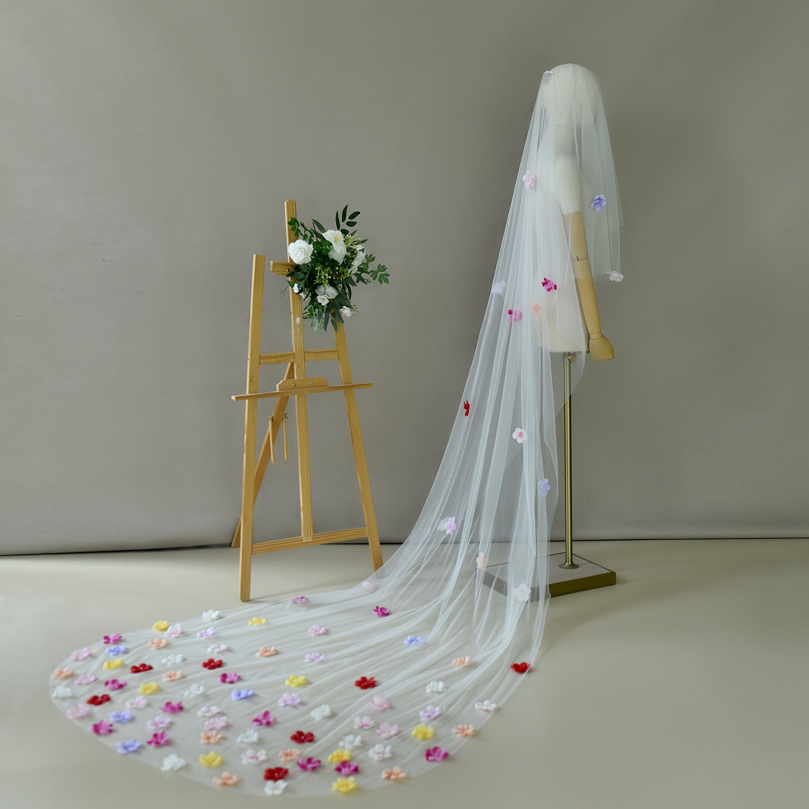Romantic Floral Bridesmaid Veil for Weddings - Colorful Whimsical Print