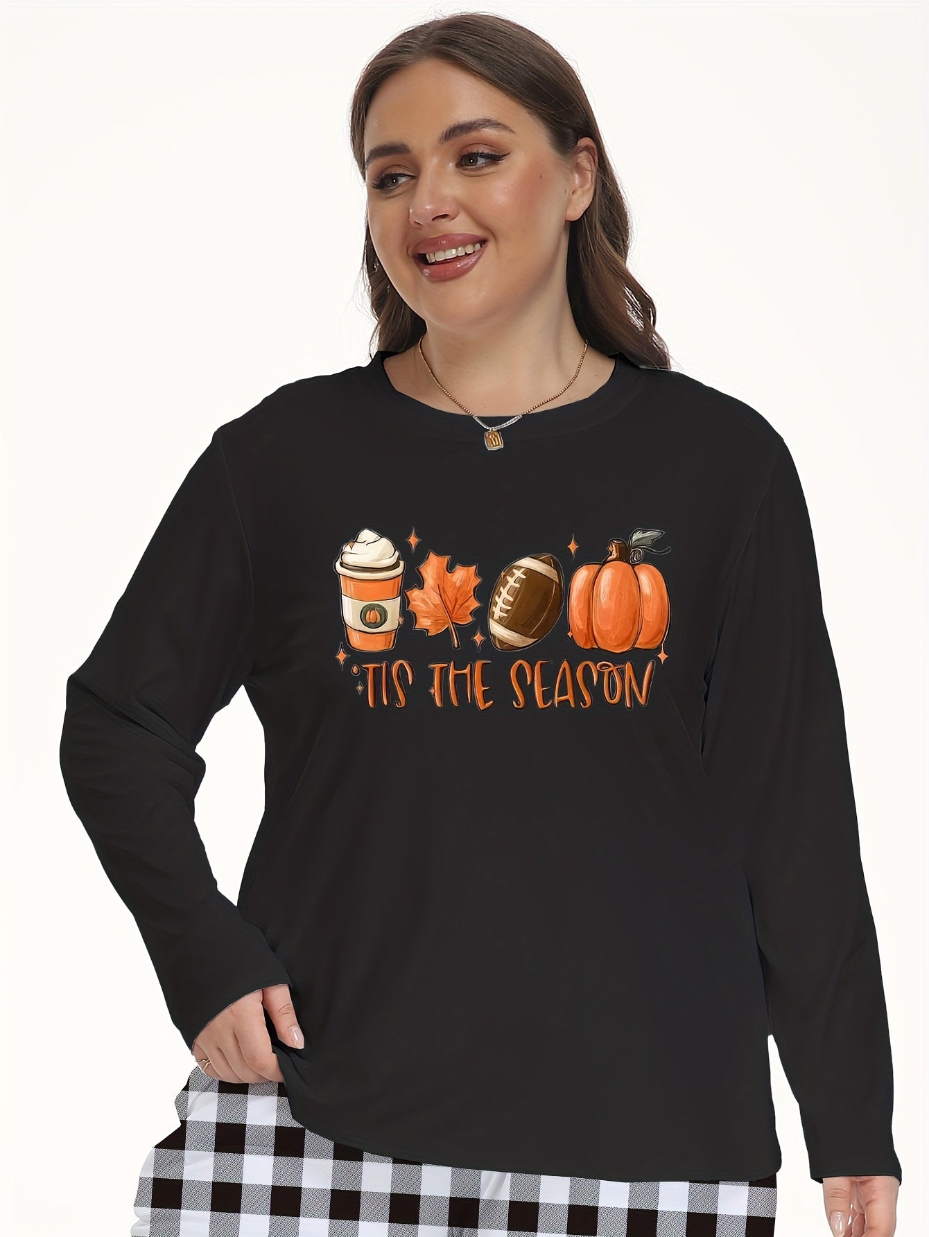  Pumpkin & Football Print Long Sleeve Crew Neck Pajama Top