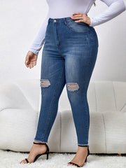  Casual Jeans Women's Plus Washed Ripped Button Fly High Stretch Jeans