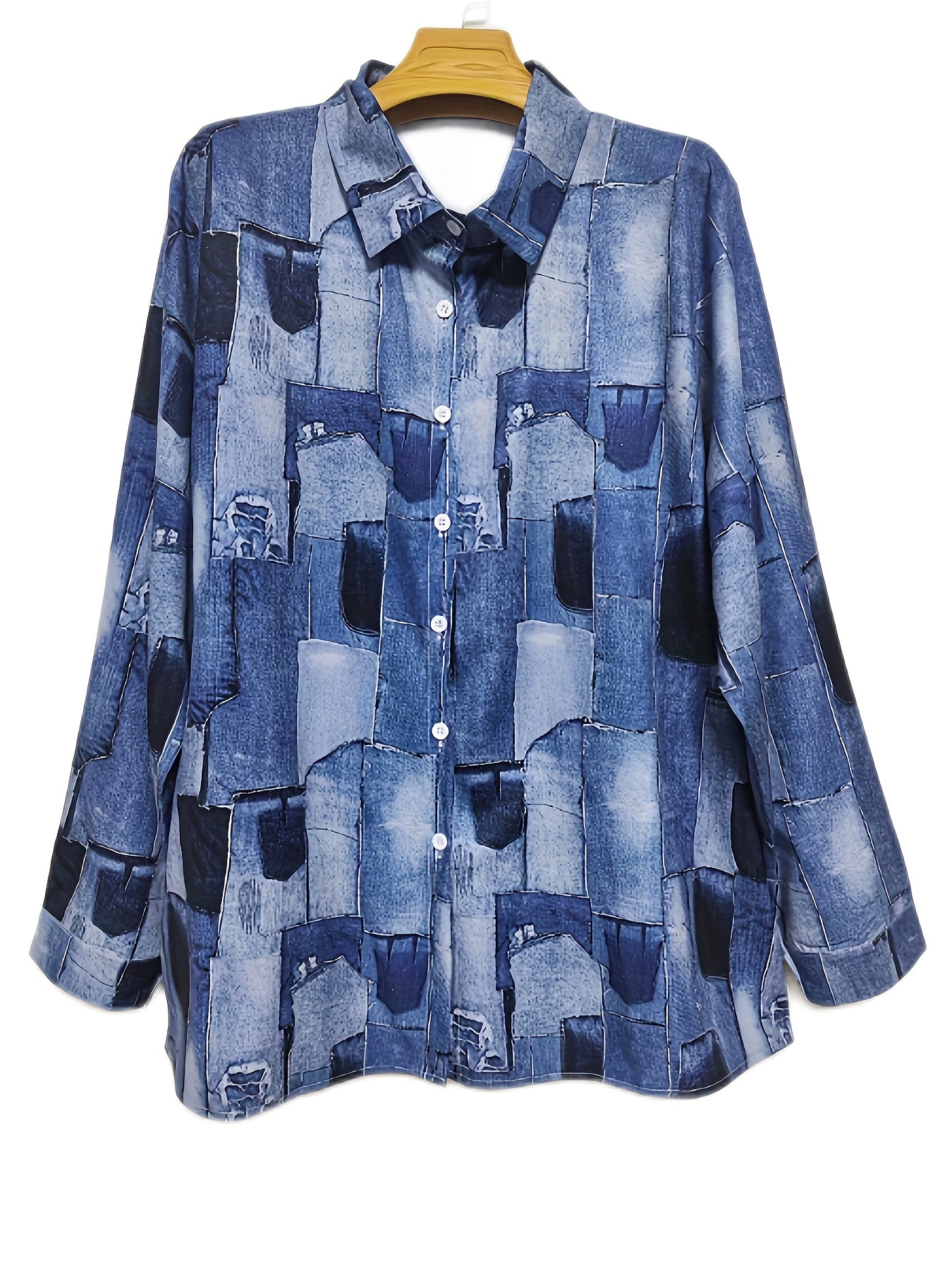  Denim Print Long Sleeve Button Up Shirt Top