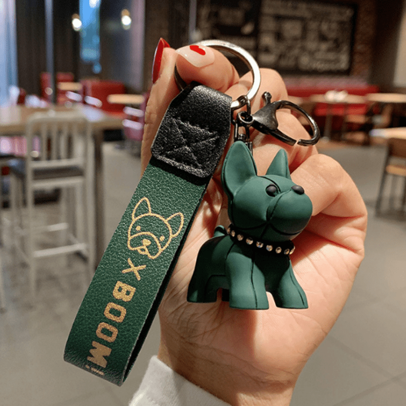 Bulldog Keychain Punk PU Leather Strap Dog Keychain Car Pendant Couple Bag