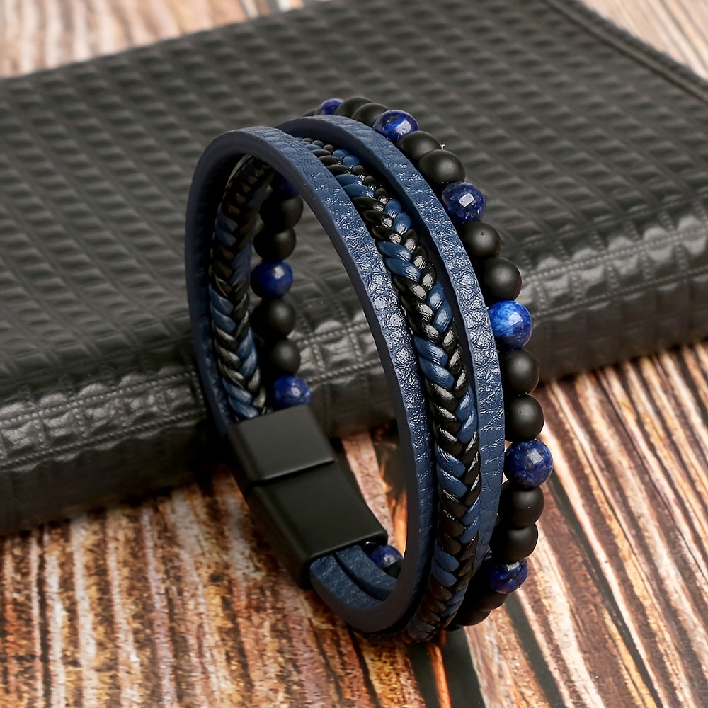 Layered Braided Leather Bracelet Tiger Eyestone Beaded Punk Accessory