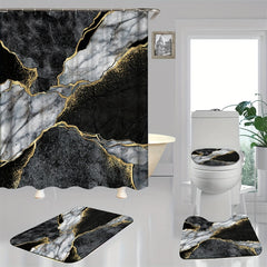 Marble Pattern Shower Curtain Set with 12 Hooks and Non Slip Bathroom Rug