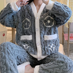 Floral Print Fuzzy Pajama Set Long Sleeve V Neck Women's Sleepwear