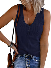 Ribbed Button Tank Top Sleeveless V Neck Casual Women's Top