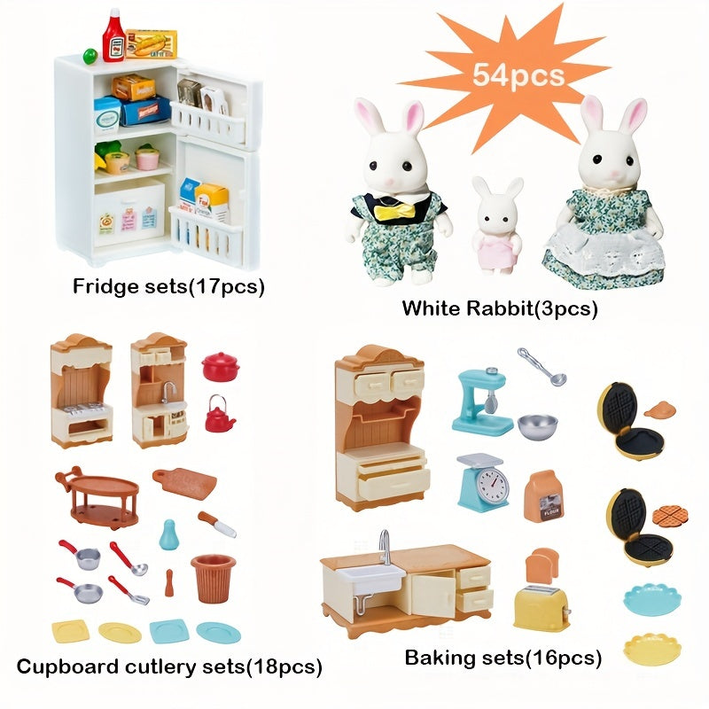 54pc Dollhouse Kitchen Set Simulated Stove Tableware Dishwasher Refrigerator
