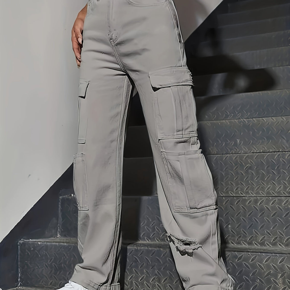 Cargo Pocket Jeans Solid Street Kpop Y2K Style Denim Pants Women's