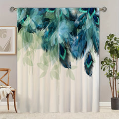 2pcs Peacock Feather Printed Window Curtain for Home Decor