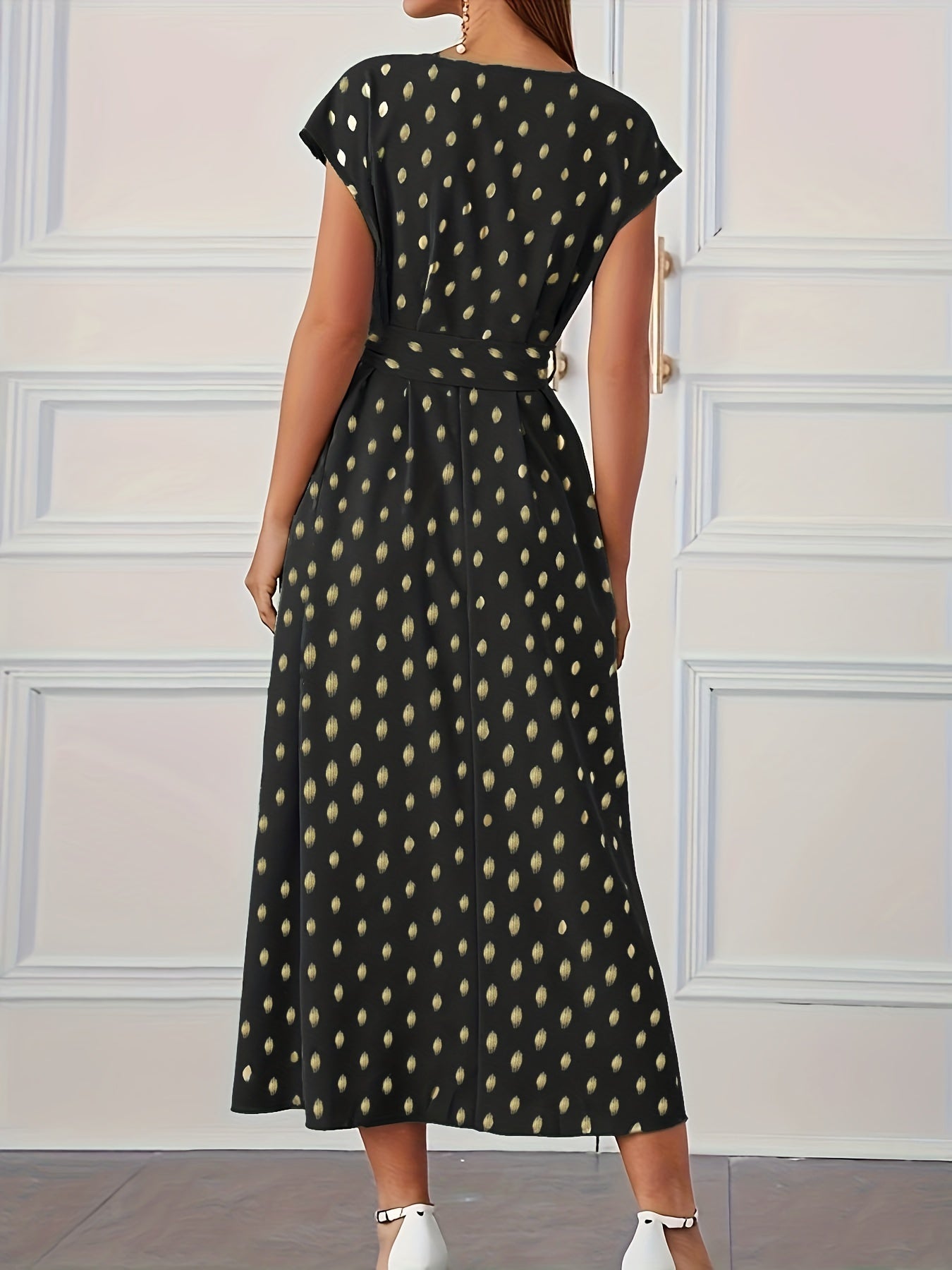 Plus Dot Print Cap Sleeve V Neck Maxi Dress With Belt