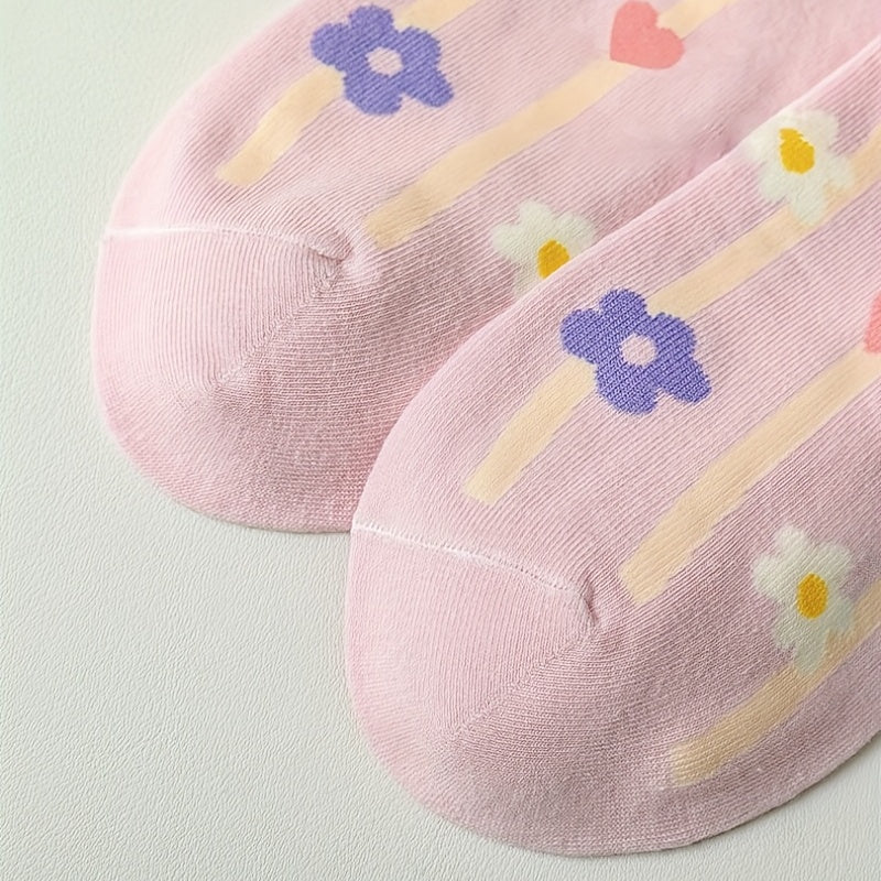 5 Pairs Floral & Heart Print Socks Lightweight Low Cut Ankle Socks Women's