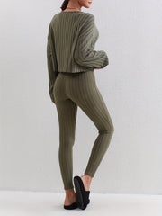 Ribbed Knit Two piece Set Casual Long Sleeve T shirt & Skinny Pants Outfits