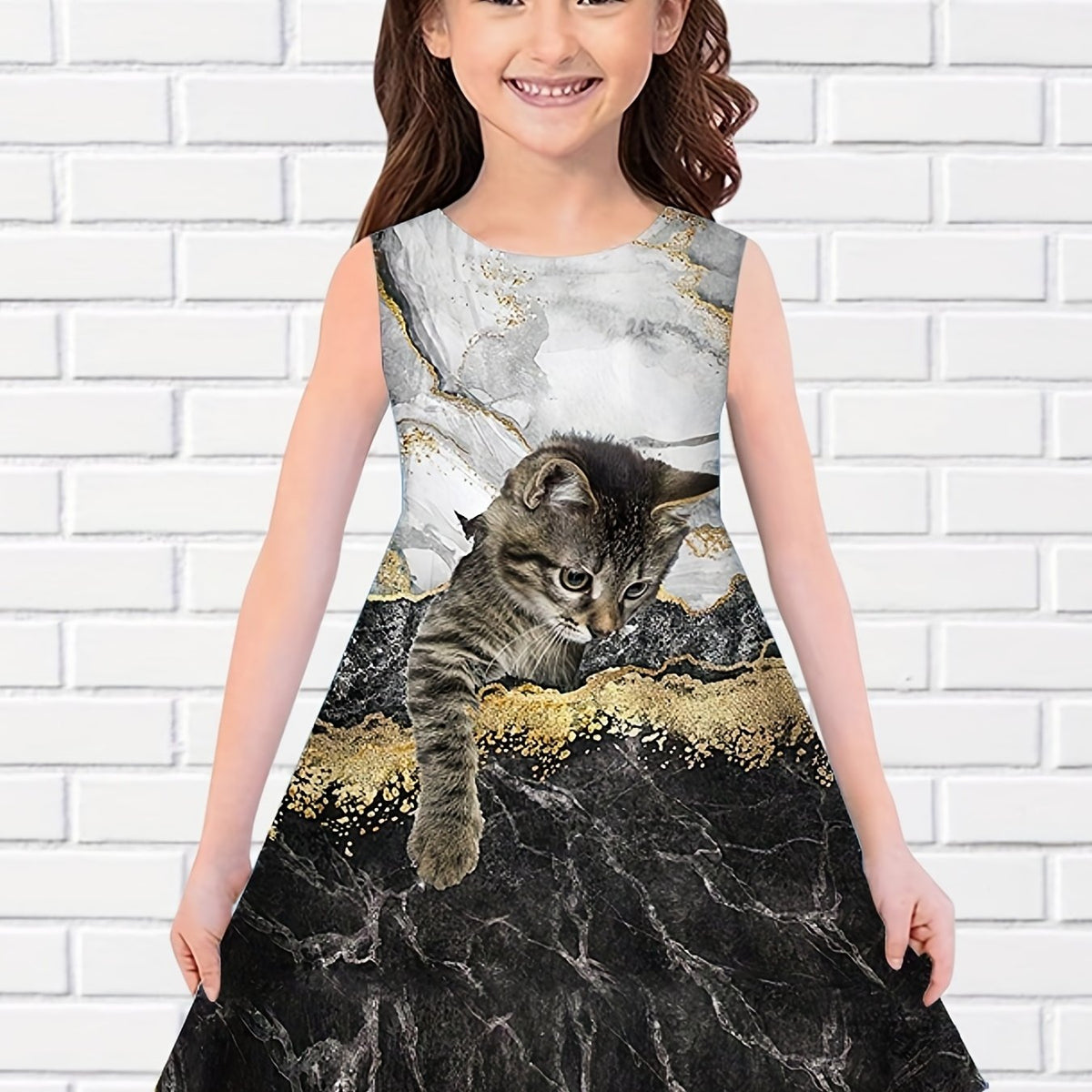 Girl's 3D Cat Print Dress - Summer Outfit