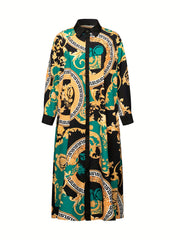  Paisley Print Long Sleeve Button Up Shirt Dress With Belt