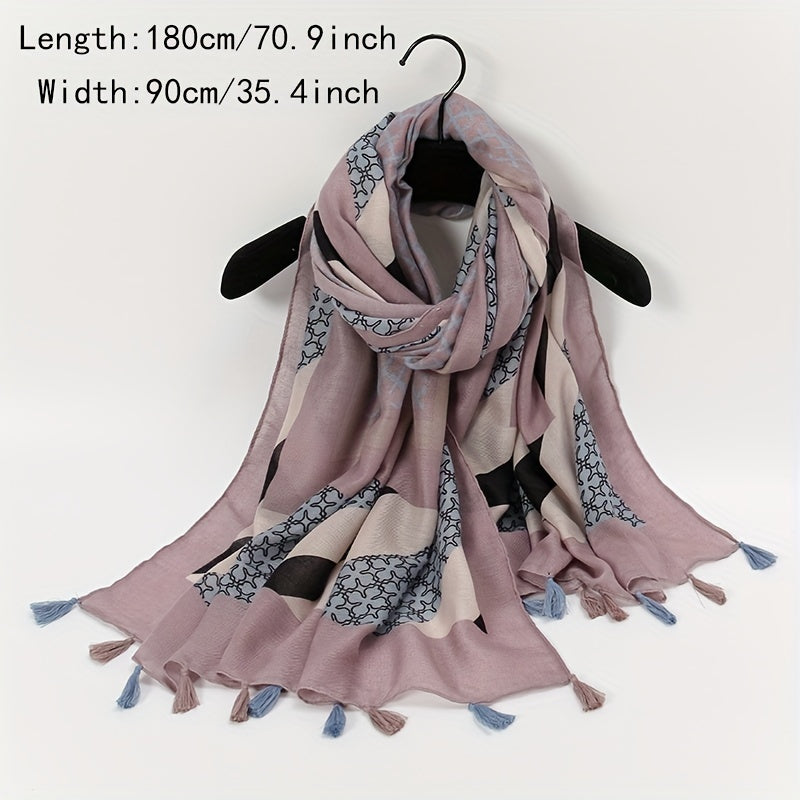 Vintage Plaid Tassel Scarf Dark Pink Shawl Boho Head Wrap