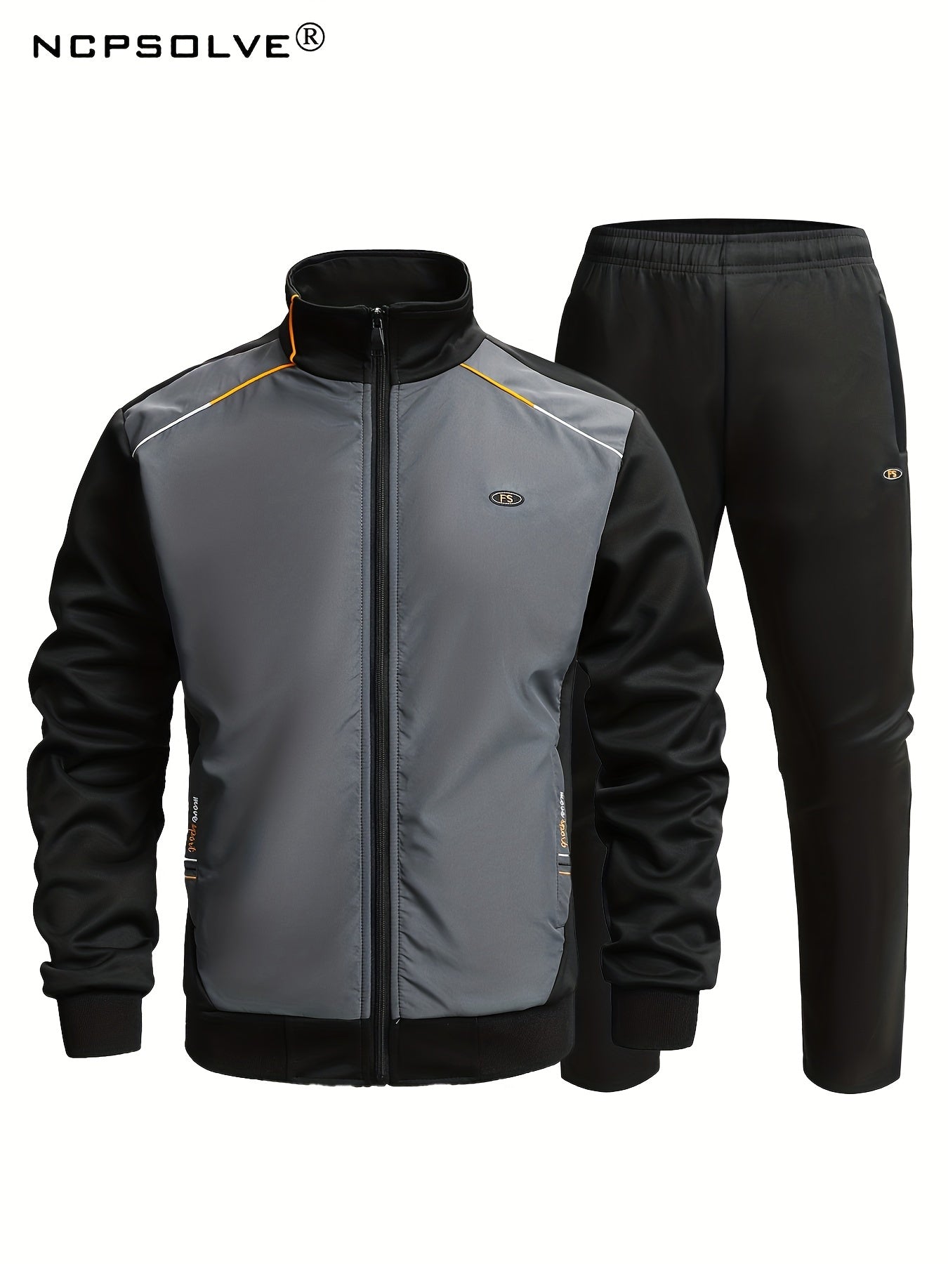Men's Sports Suit Block Stand Collar Zip Up Jacket & Elastic Waist Pants