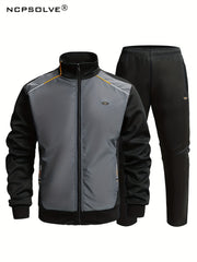 Men's Sports Suit Block Stand Collar Zip Up Jacket & Elastic Waist Pants