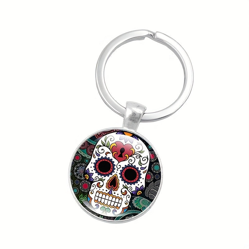 Mexican Sugar Skull Time Gem Keychain Pendant