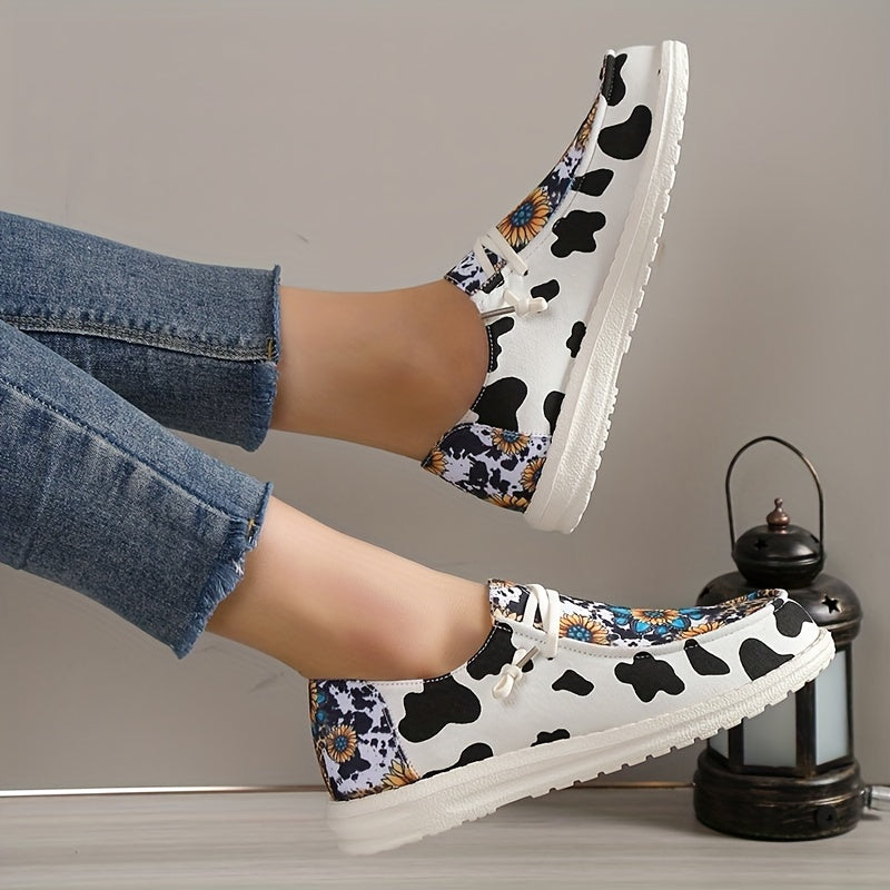 Women's Sunflower Canvas Shoes Round Toe Cow Print Loafers