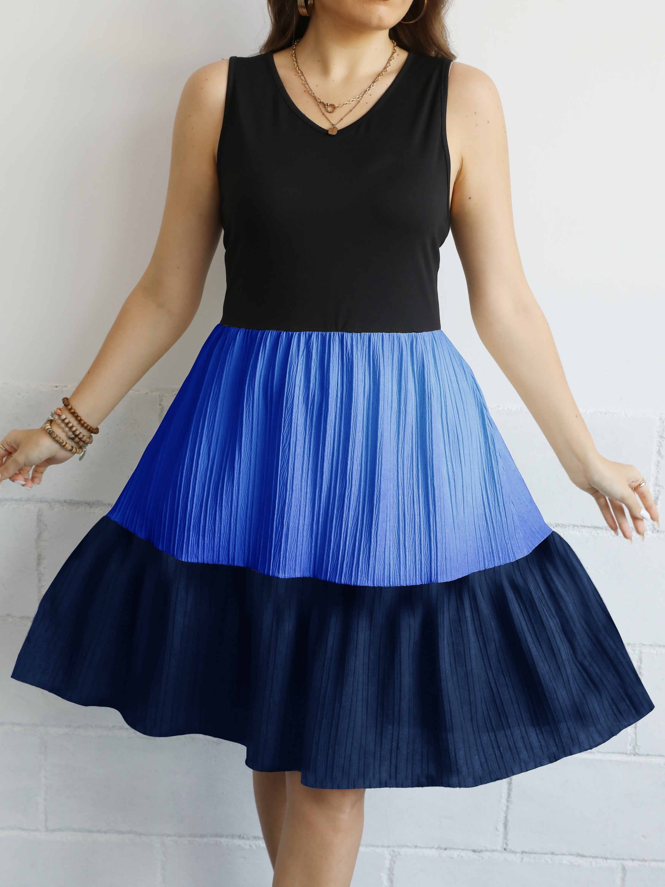  Casual Tank Dress Women's Plus Colorblock V Neck Slight Stretch Smock