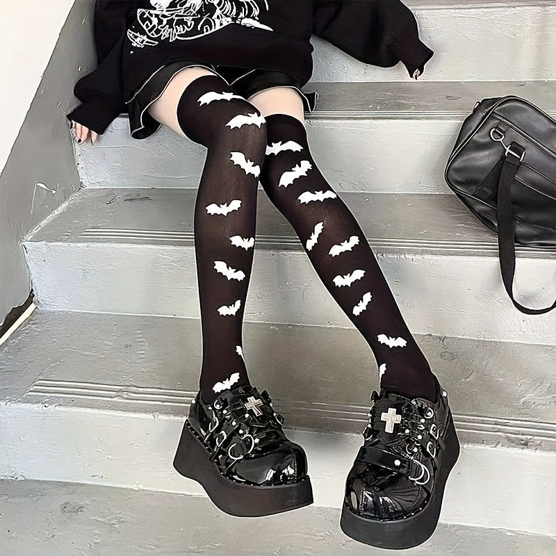 Bat Print Thigh High Socks Halloween Party Over The Knee Socks Women's Stockings
