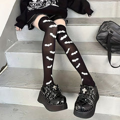 Bat Print Thigh High Socks Halloween Party Over The Knee Socks Women's Stockings