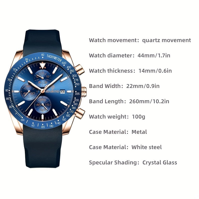 Multifunctional 3D Dial Men's Business Watch Waterproof Quartz Silicone
