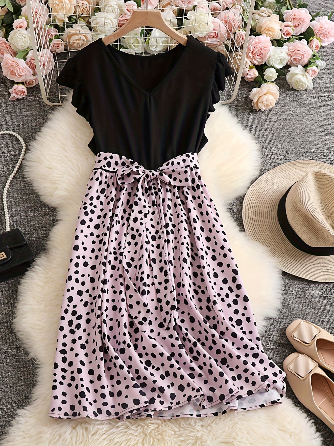  Leopard Print Ruffle Sleeve V Neck Dress