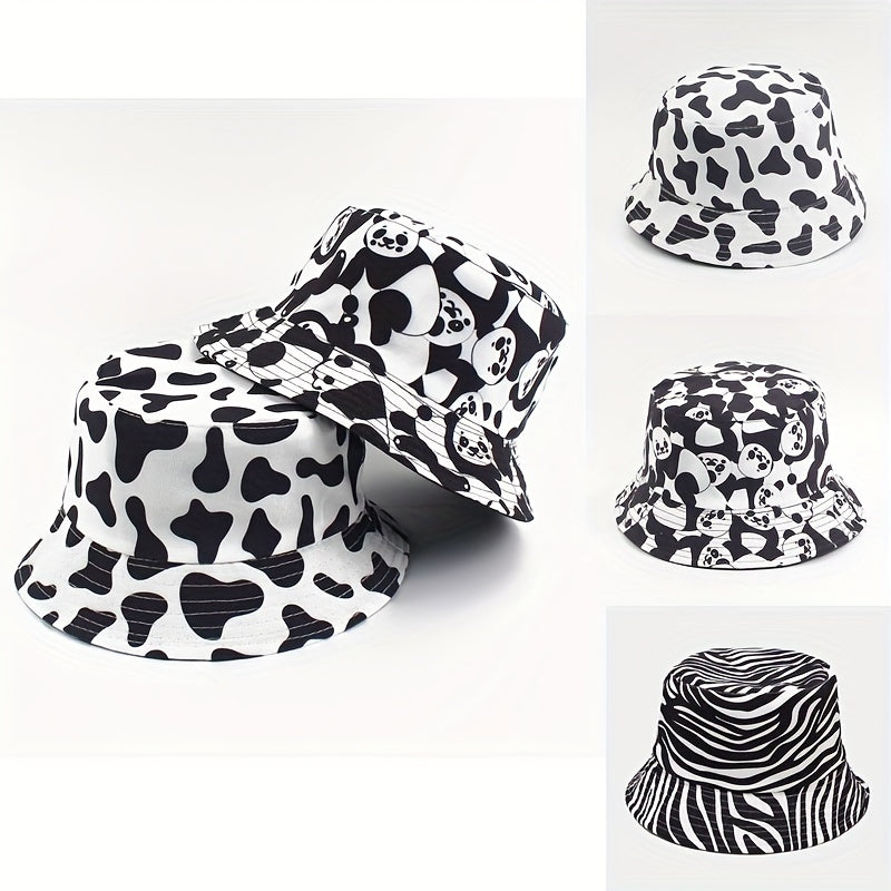 Cow Panda Print Bucket Hat Reversible Fisherman Cap for Women