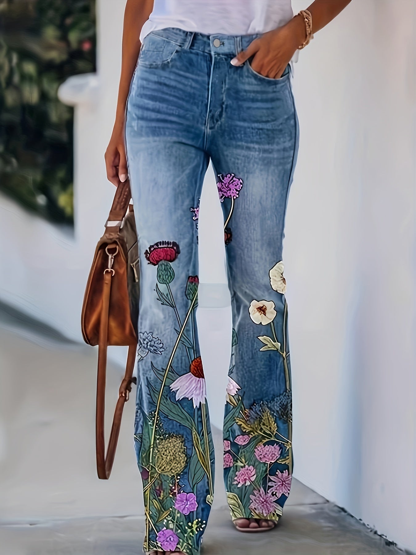  Women's Floral & Denim Print Flared Leg Trousers