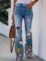  Women's Floral & Denim Print Flared Leg Trousers