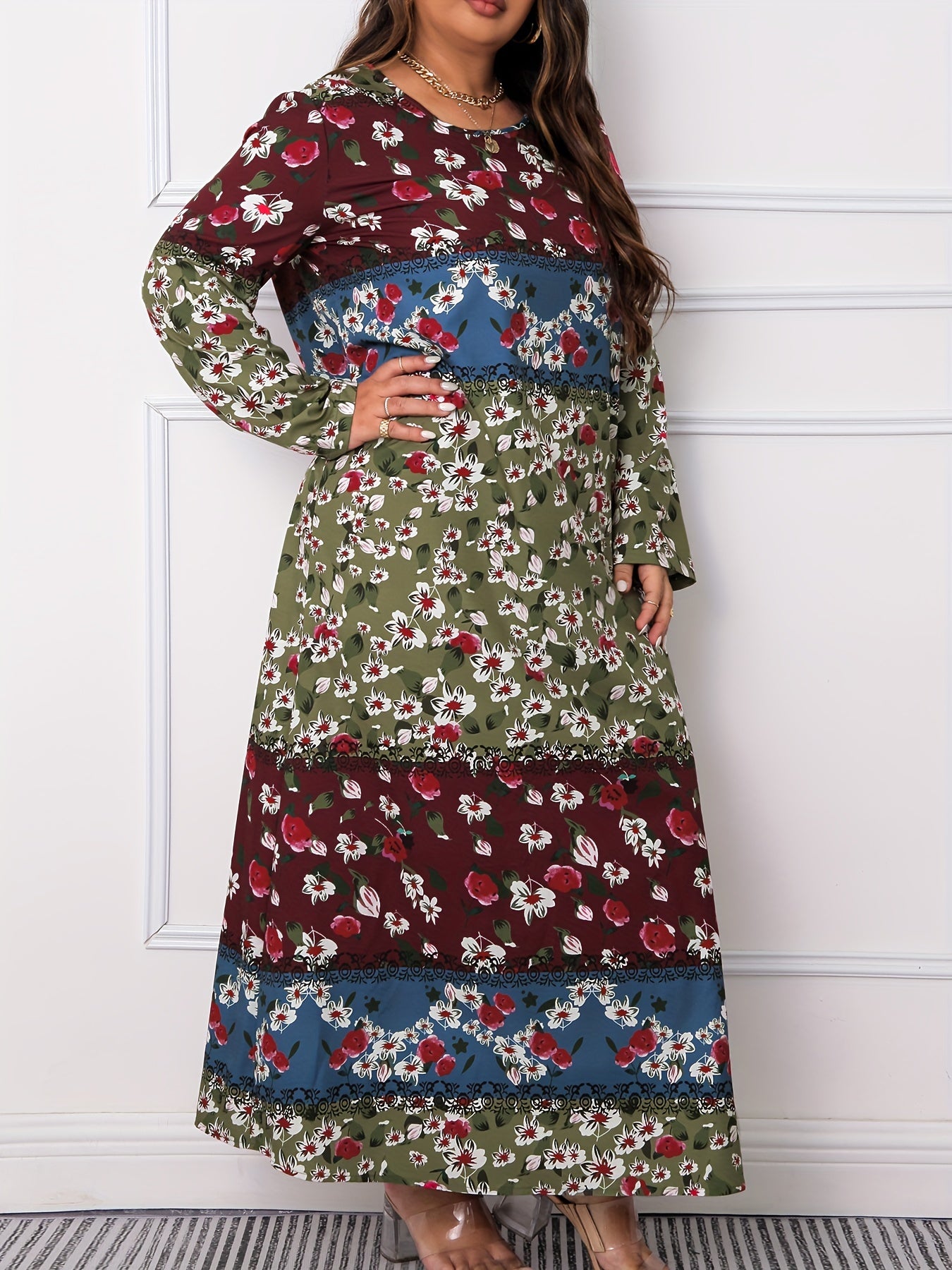  Colorblock Floral Print Long Sleeve Maxi Dress