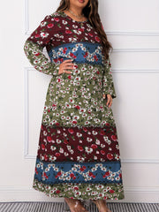  Colorblock Floral Print Long Sleeve Maxi Dress