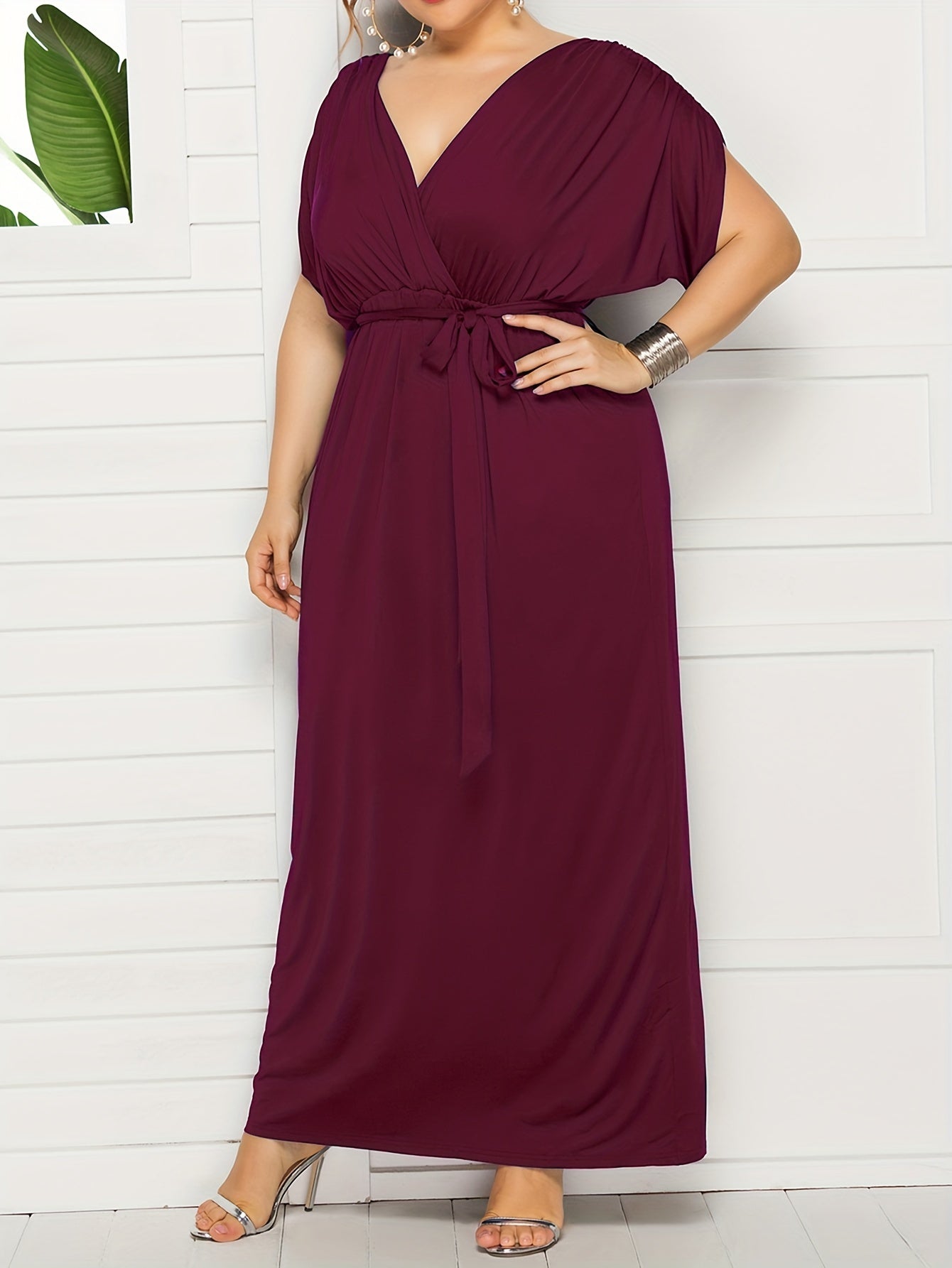  Solid Bat Sleeve Maxi Dress With Belt