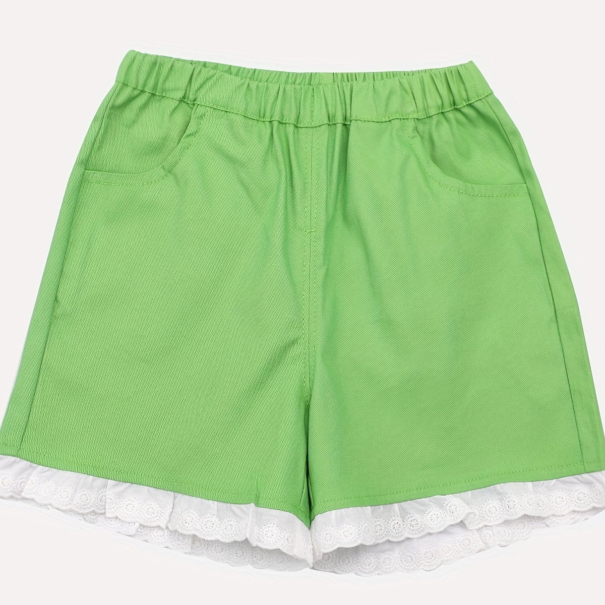 Kid Girls Casual Shorts Lace Trimming Elastic Waist Shorts With Pocket