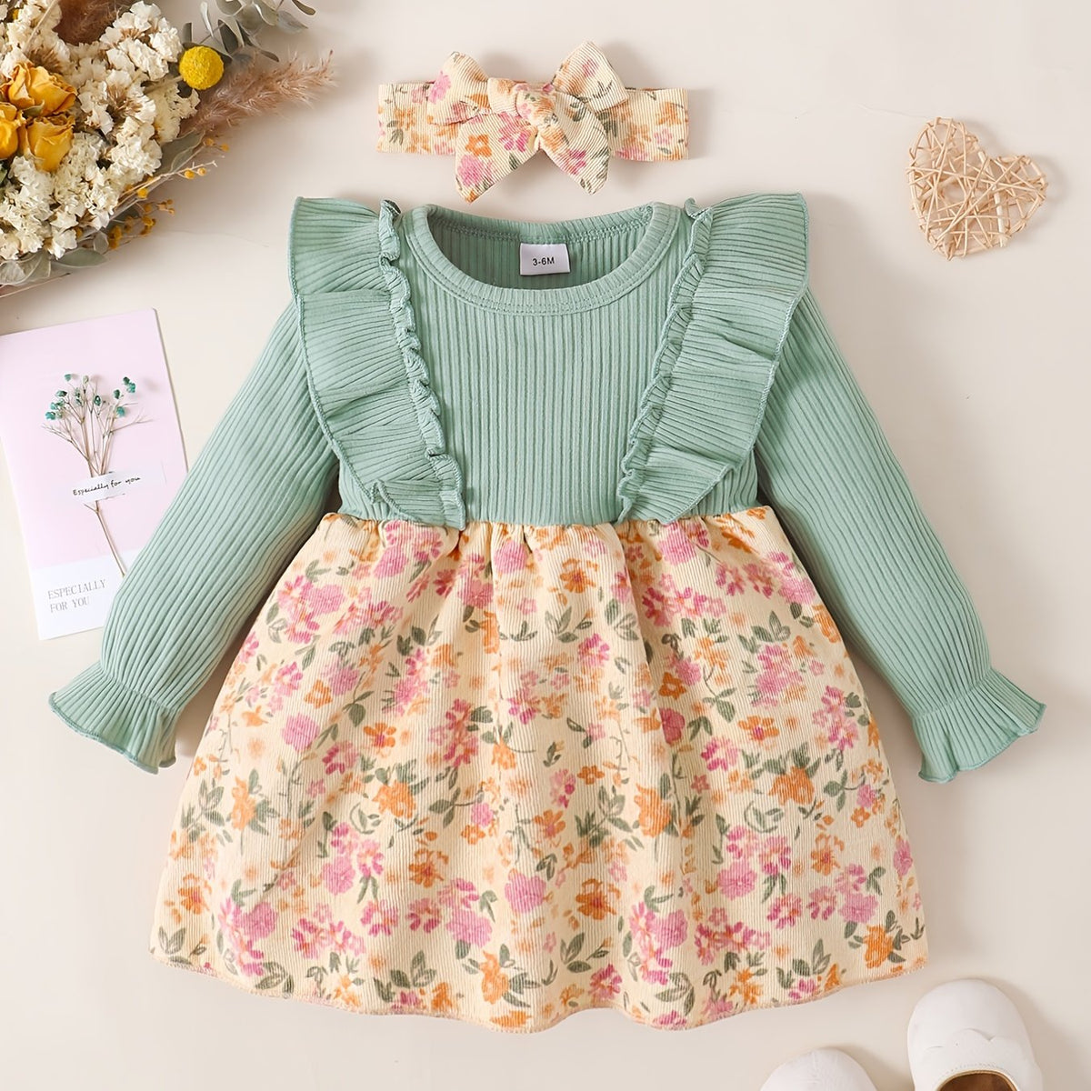 2pcs Floral Print Set: Knitted Ditsy Dress & Bow Headband for Party Baby Clothes
